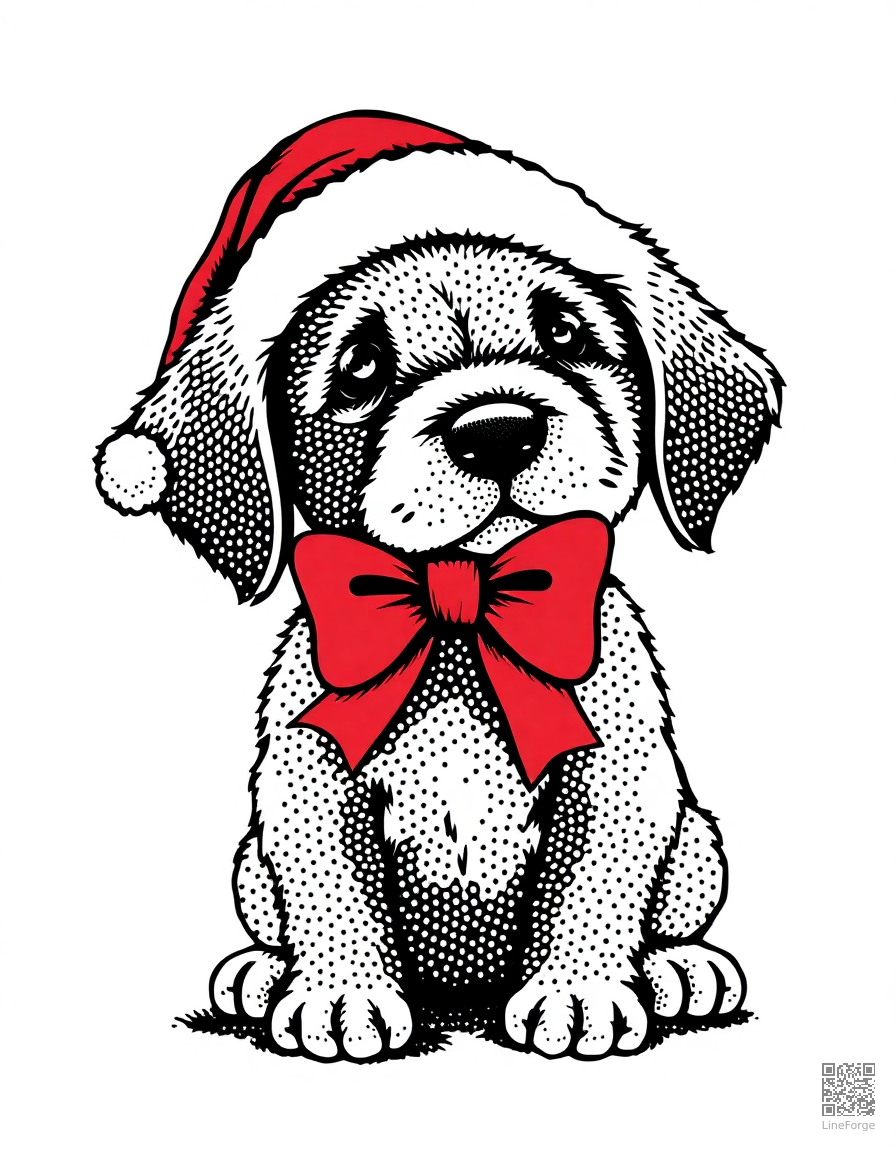 christmas puppy with a red bow coloring page Stipple style - free printable