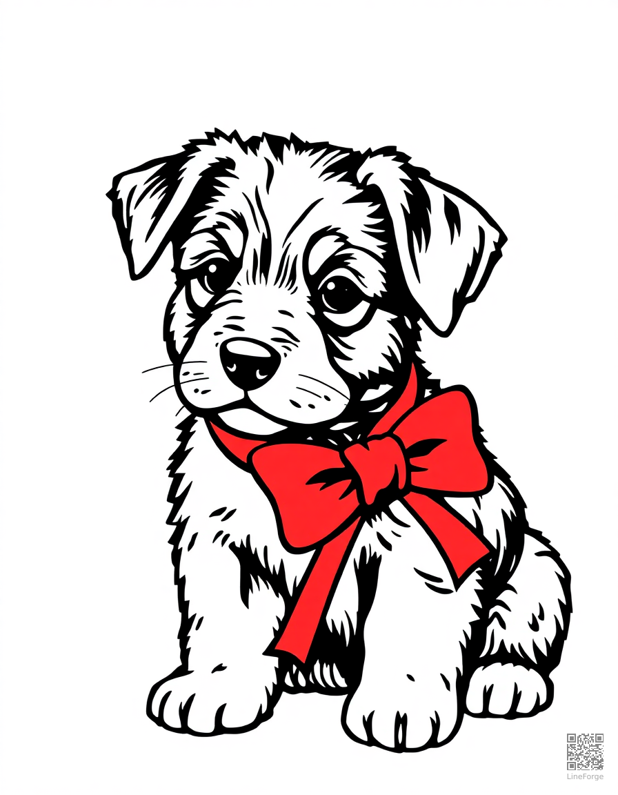 christmas puppy with a red bow coloring page Woodcut style - free printable