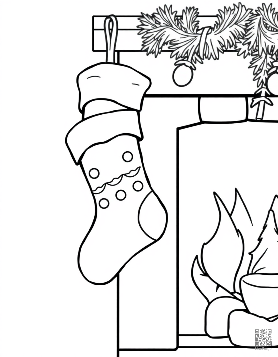 christmas stocking hung by a fireplace coloring page Contour style - free printable