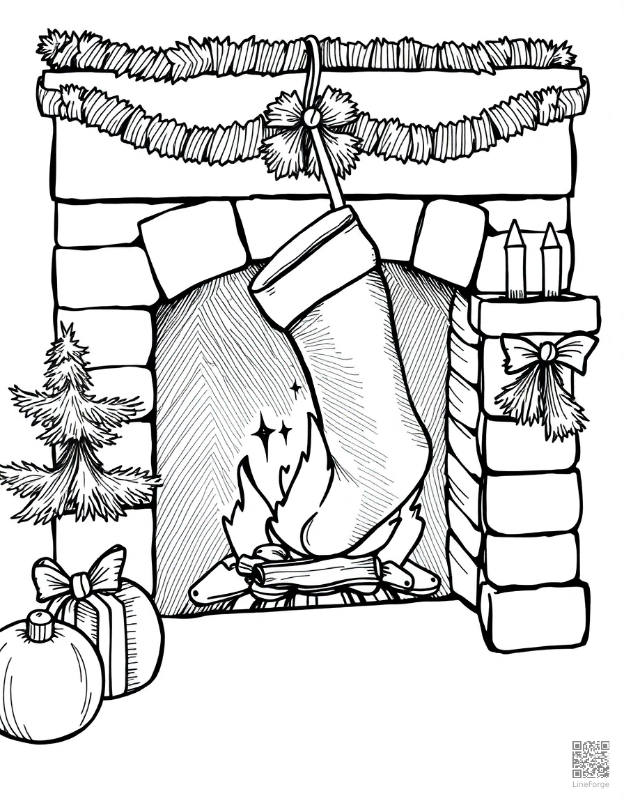 christmas stocking hung by a fireplace coloring page Crosshatch style - free printable