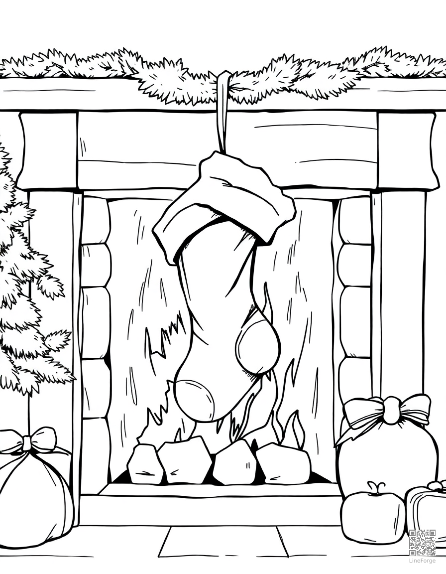 christmas stocking hung by a fireplace coloring page Manga style - free printable