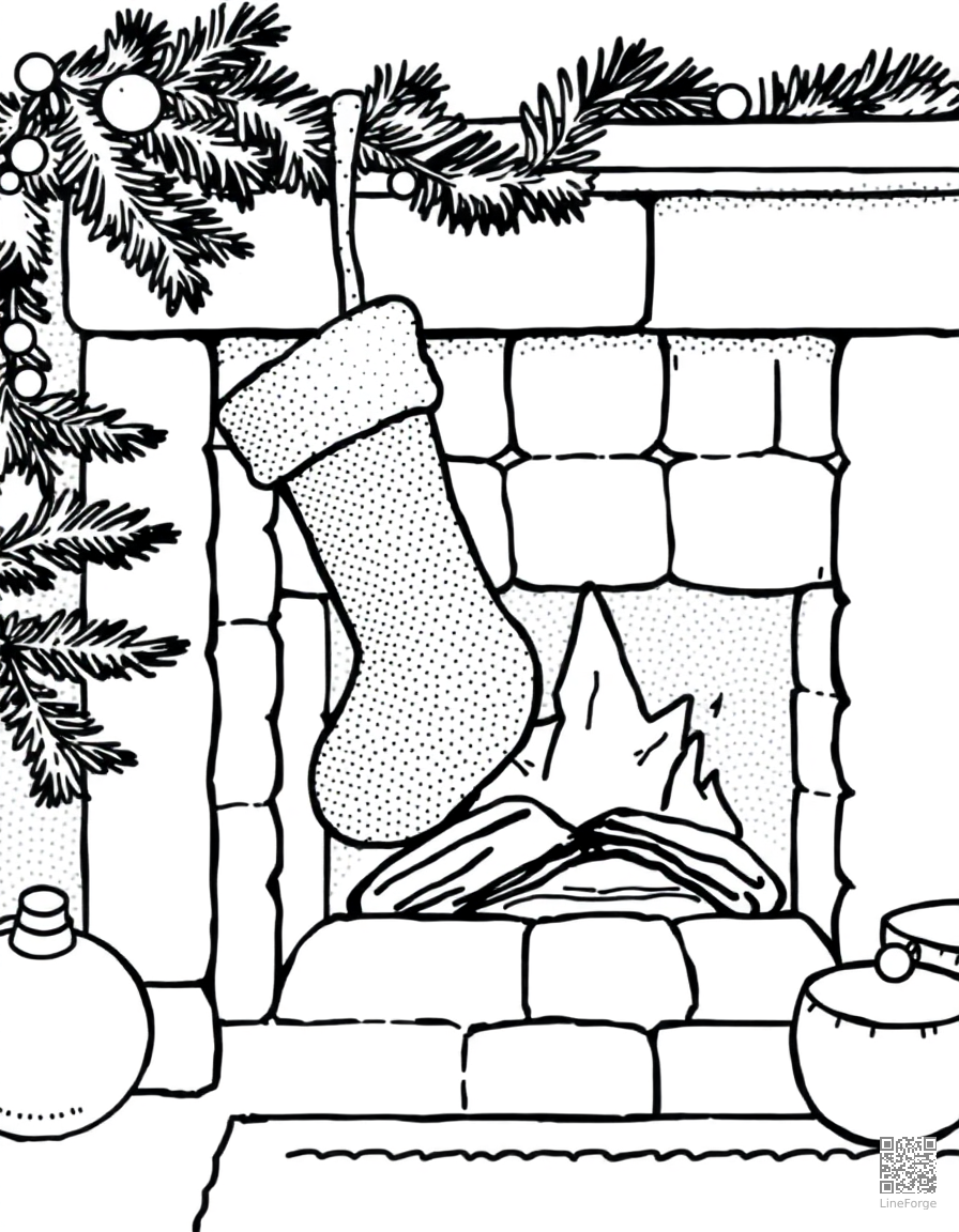 christmas stocking hung by a fireplace coloring page Stipple style - free printable