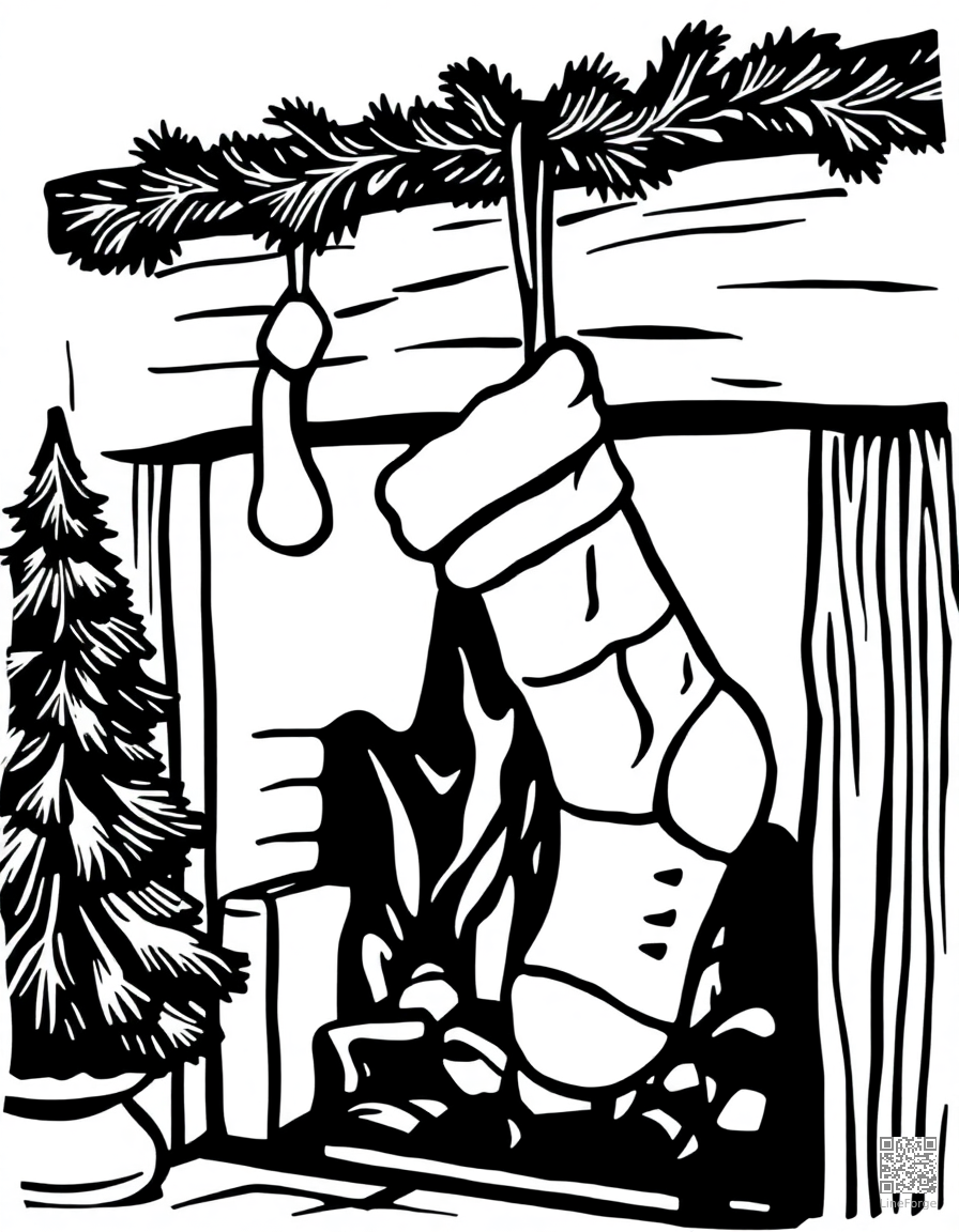 christmas stocking hung by a fireplace coloring page Woodcut style - free printable