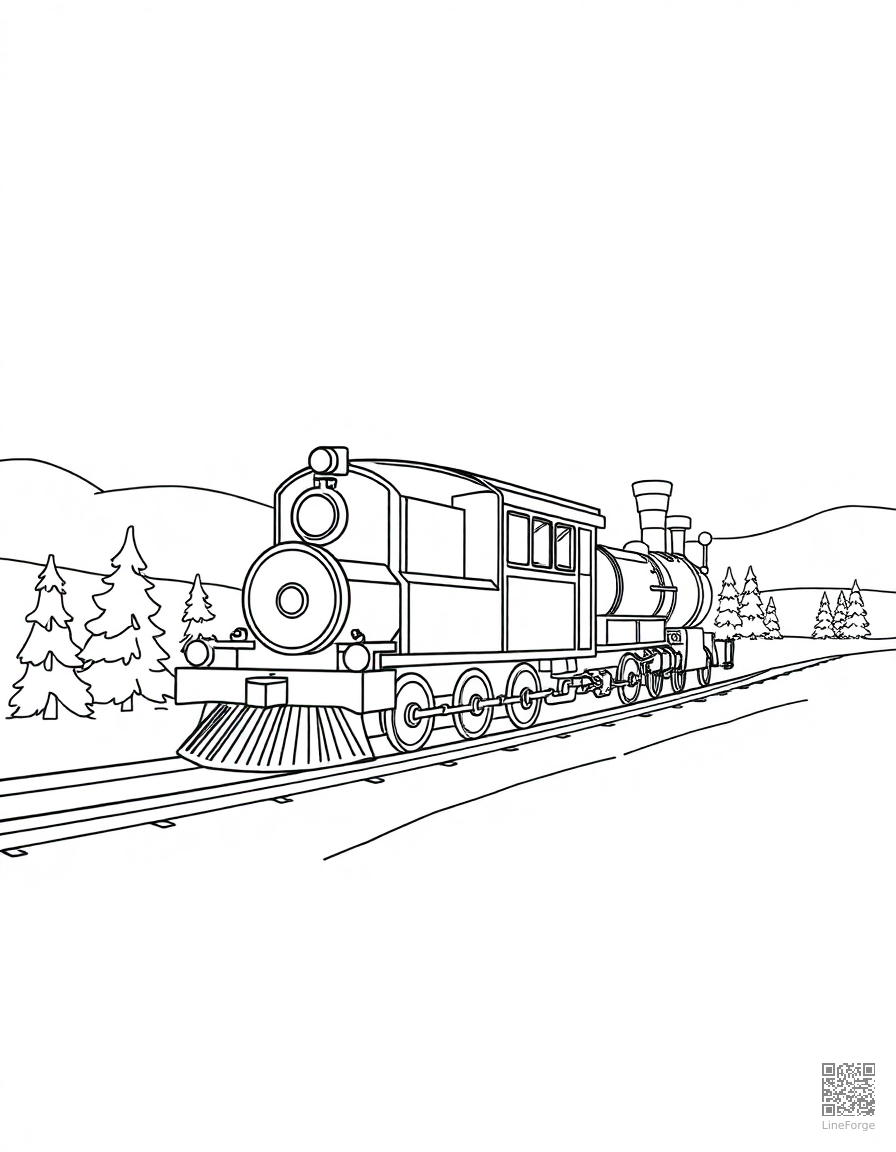 christmas train going through a snowy landscape coloring page Contour style - free printable