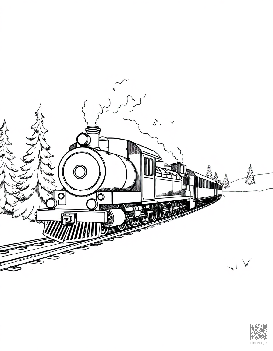 christmas train going through a snowy landscape coloring page Crosshatch style - free printable