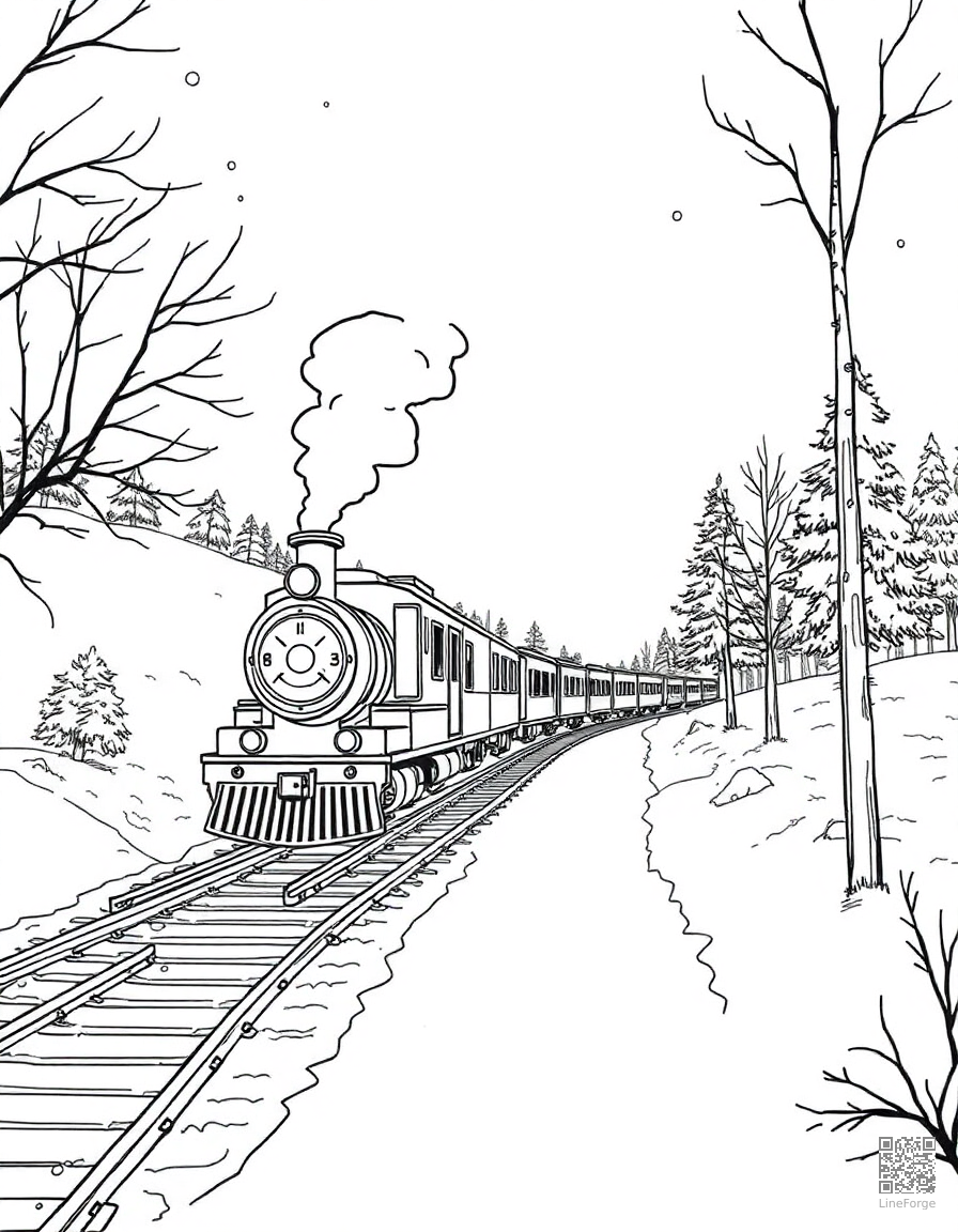 christmas train going through a snowy landscape coloring page Manga style - free printable