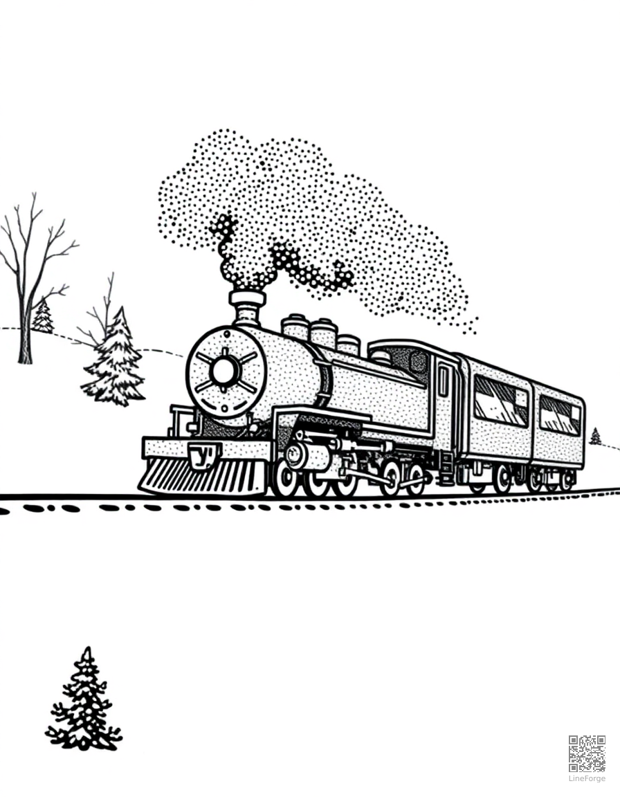 christmas train going through a snowy landscape coloring page Stipple style - free printable