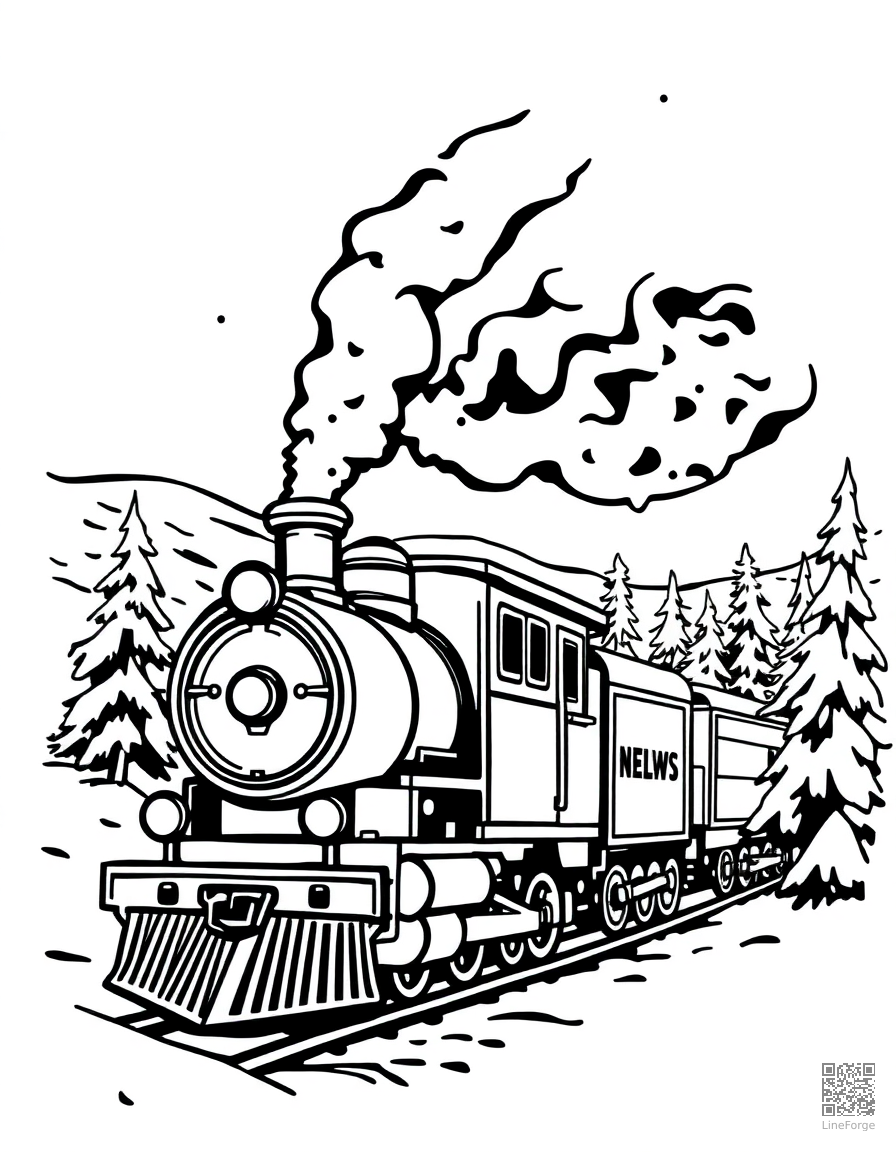 christmas train going through a snowy landscape coloring page Woodcut style - free printable