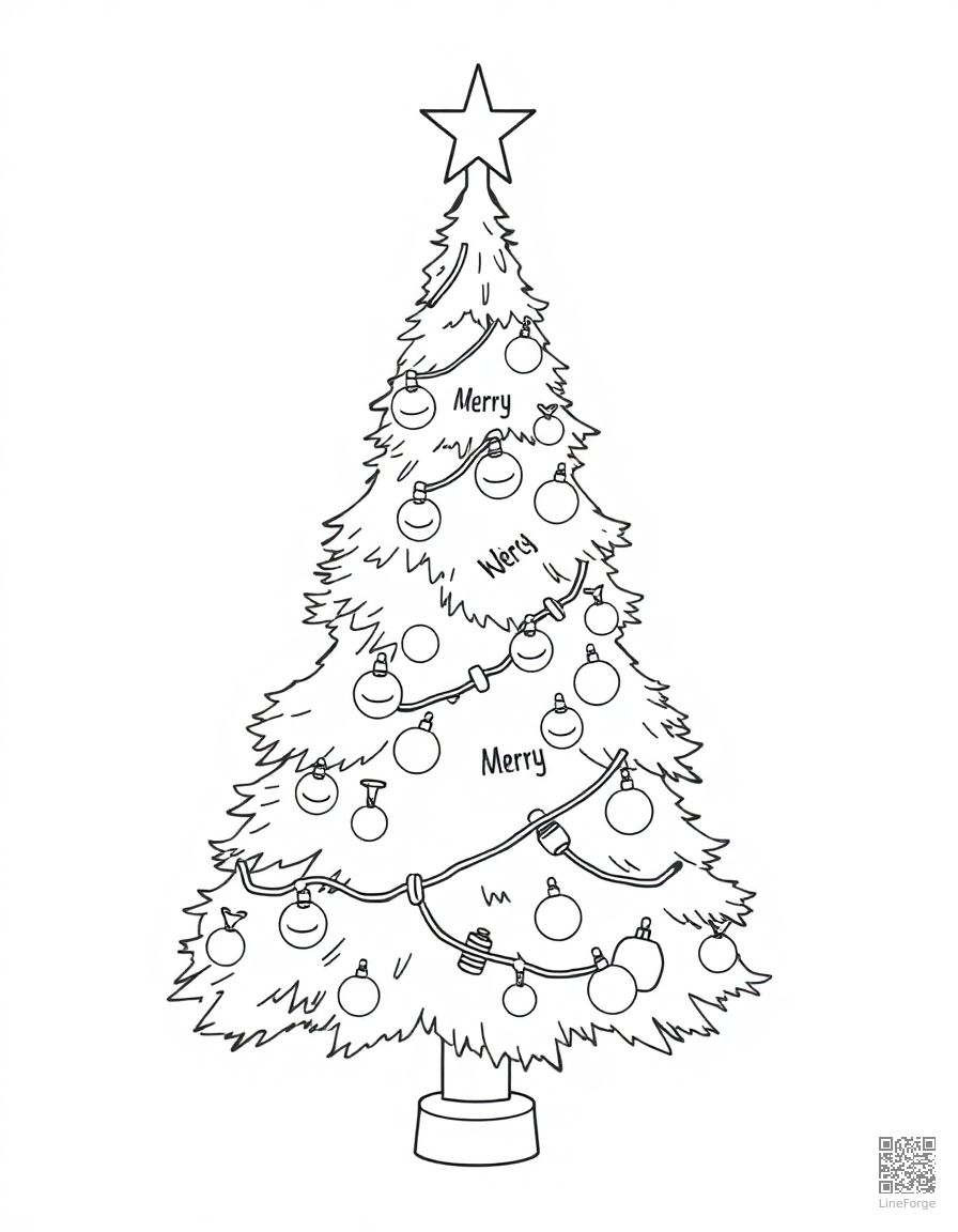 christmas tree decorated with ornaments and lights coloring page Contour style - free printable