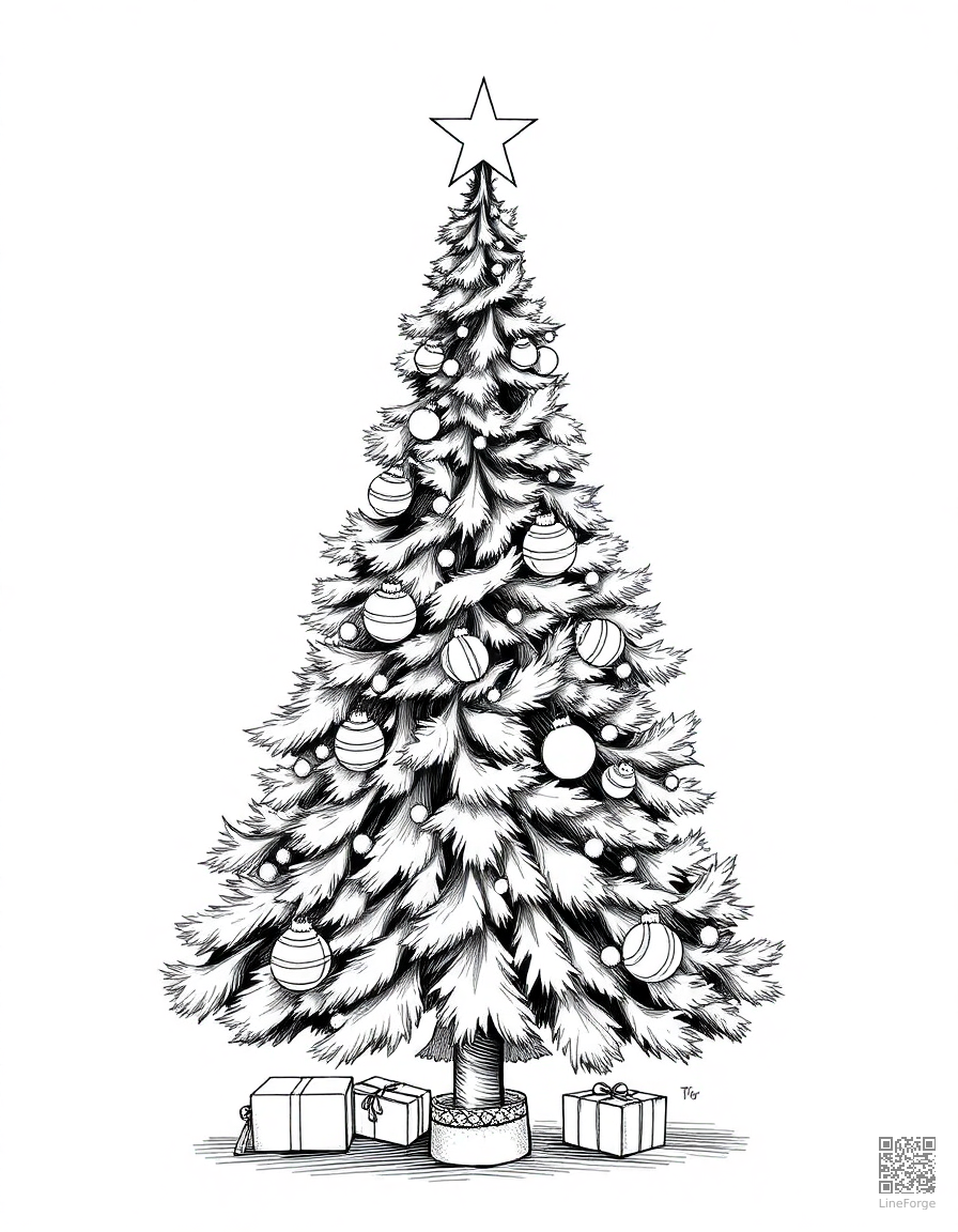 christmas tree decorated with ornaments and lights coloring page Crosshatch style - free printable