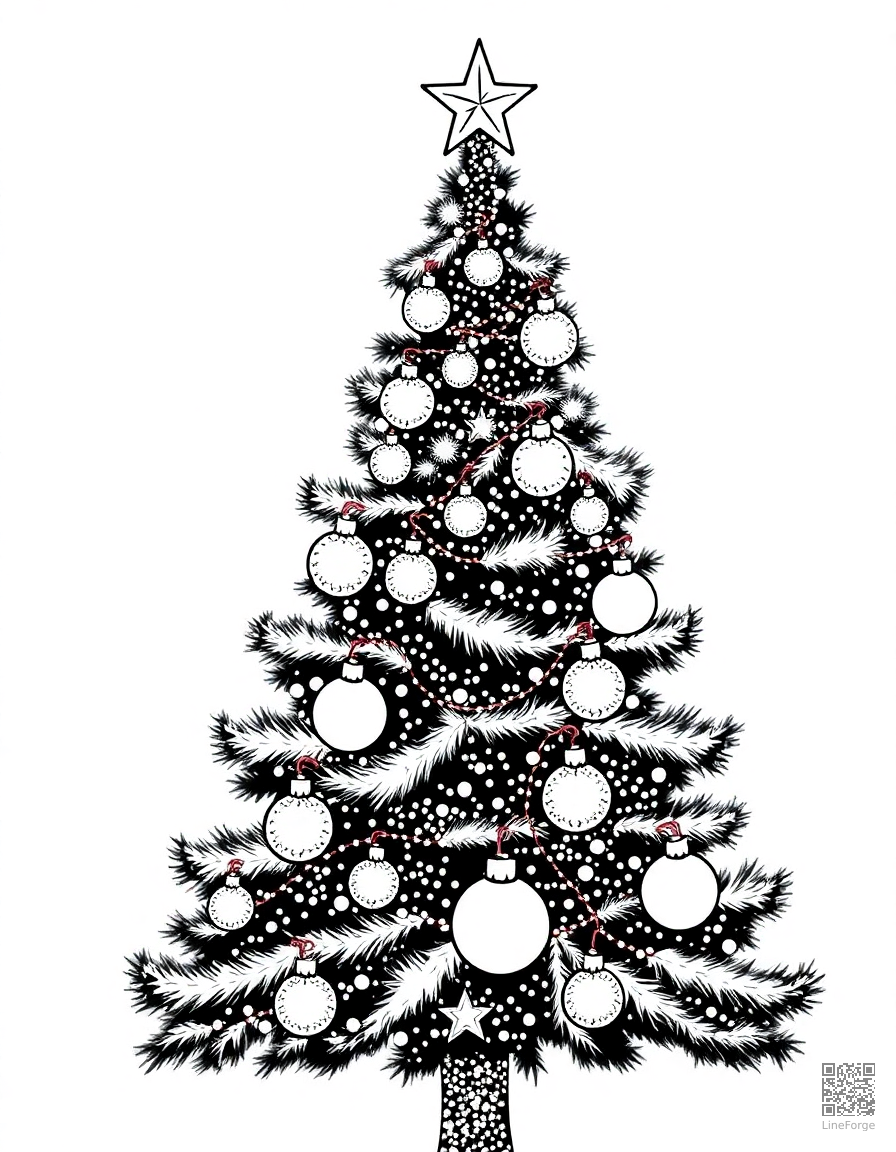 christmas tree decorated with ornaments and lights coloring page Stipple style - free printable