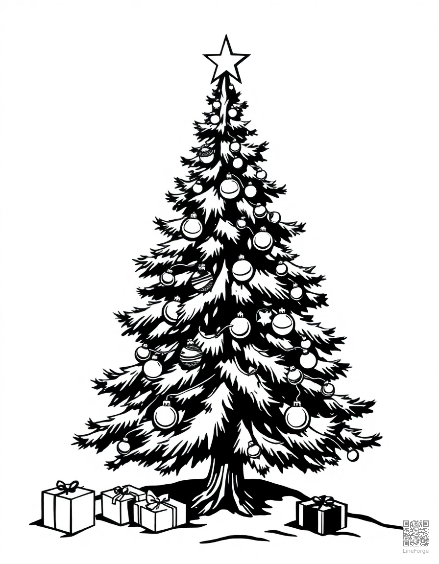 christmas tree decorated with ornaments and lights coloring page Woodcut style - free printable