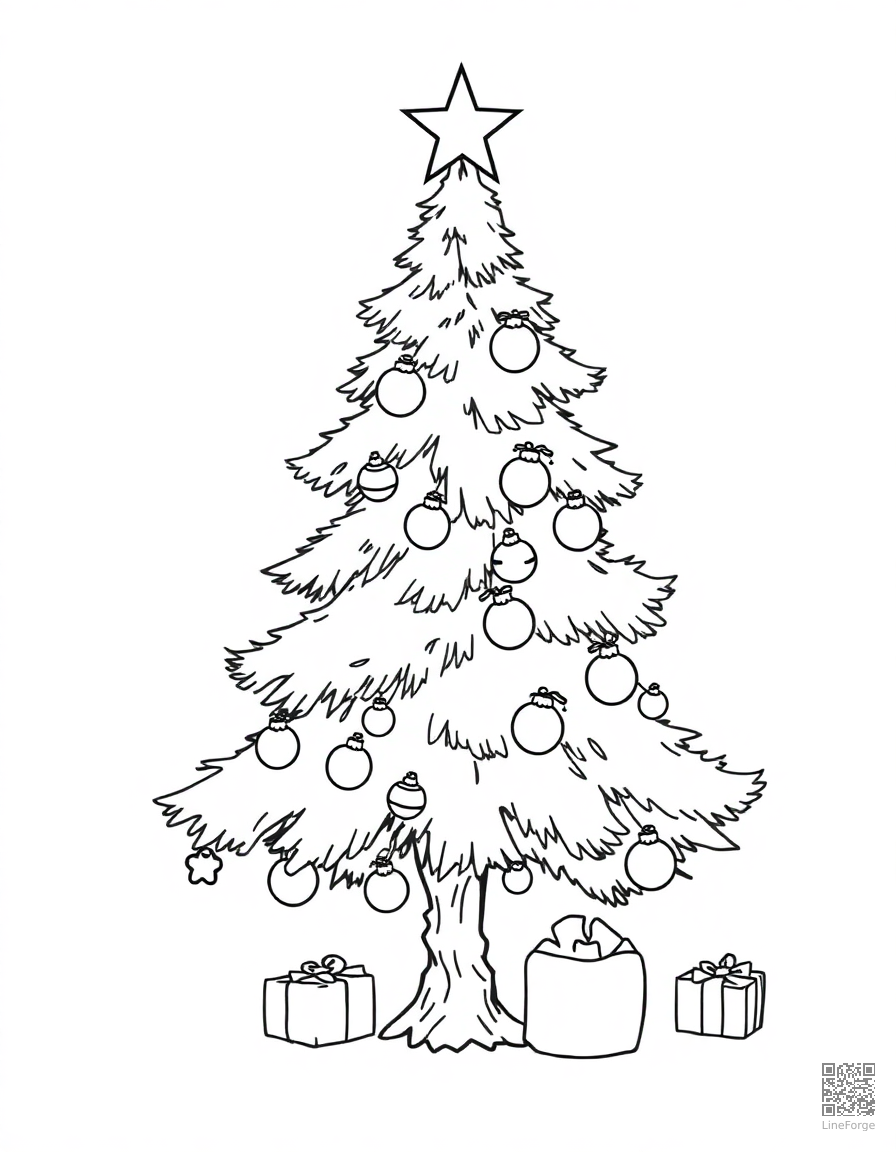 Christmas tree decorated with ornaments coloring page Contour style - free printable
