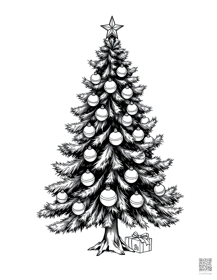 Christmas tree decorated with ornaments coloring page Crosshatch style - free printable