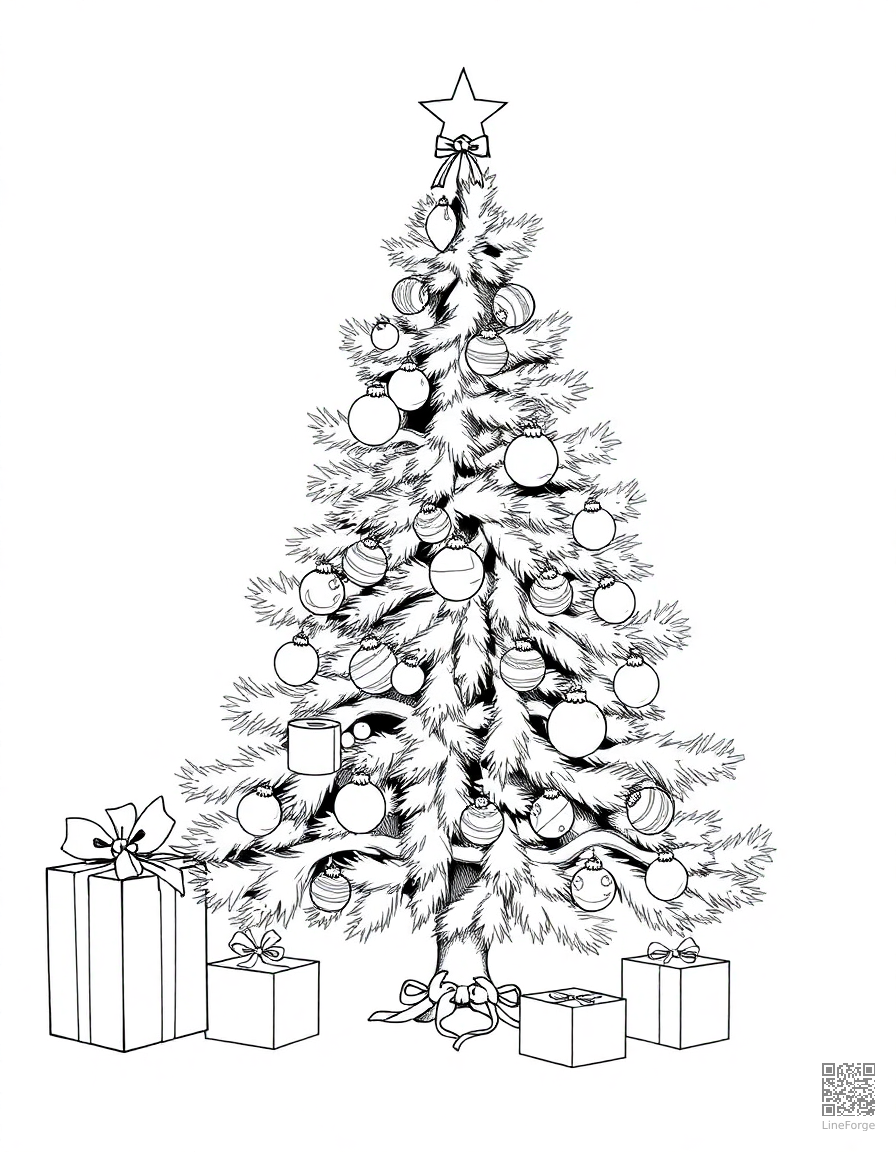 Christmas tree decorated with ornaments coloring page Manga style - free printable