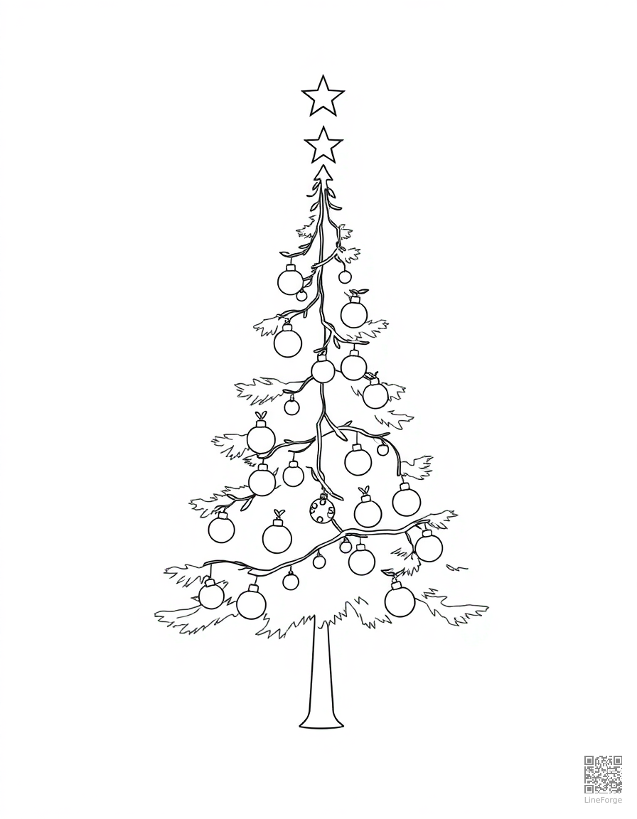 Christmas tree decorated with ornaments coloring page Minimal style - free printable