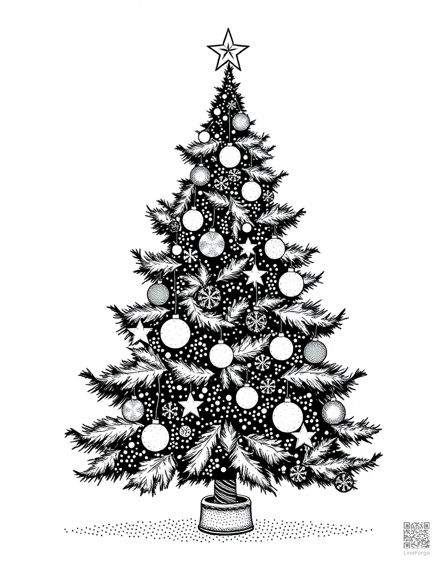 Christmas tree decorated with ornaments coloring page Stipple style - free printable