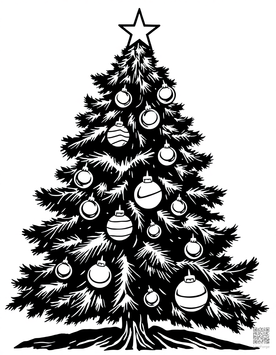 Christmas tree decorated with ornaments coloring page Woodcut style - free printable
