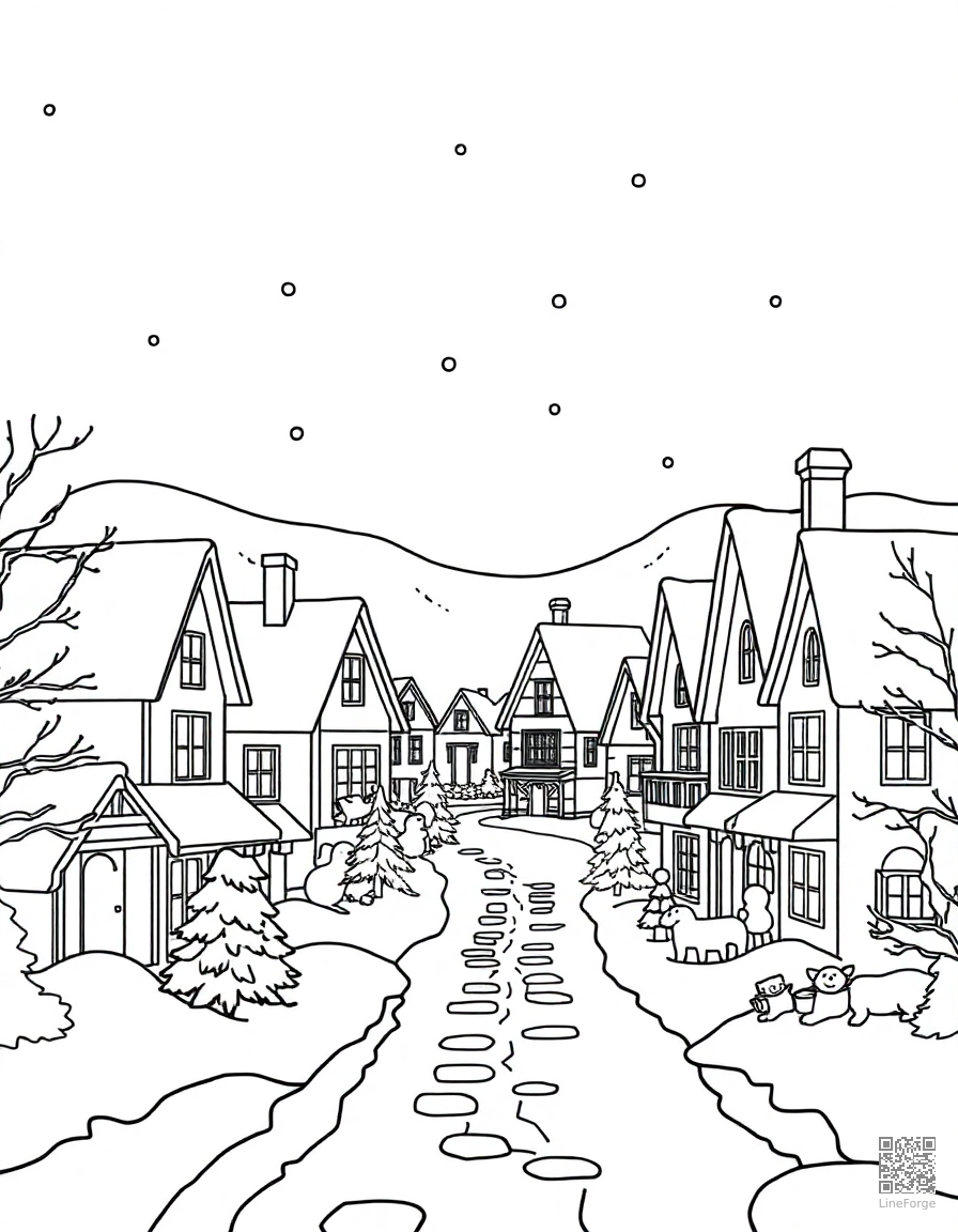 christmas village with snow-covered houses coloring page Contour style - free printable