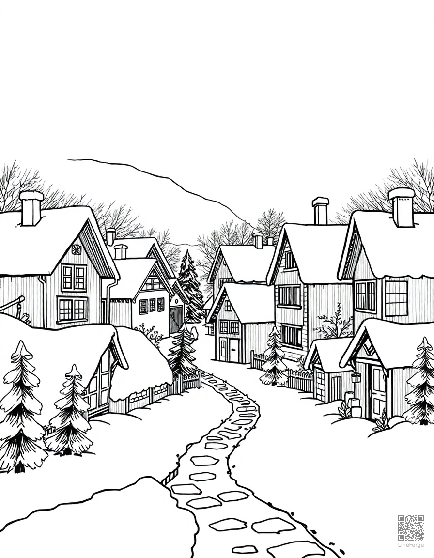 christmas village with snow-covered houses coloring page Crosshatch style - free printable
