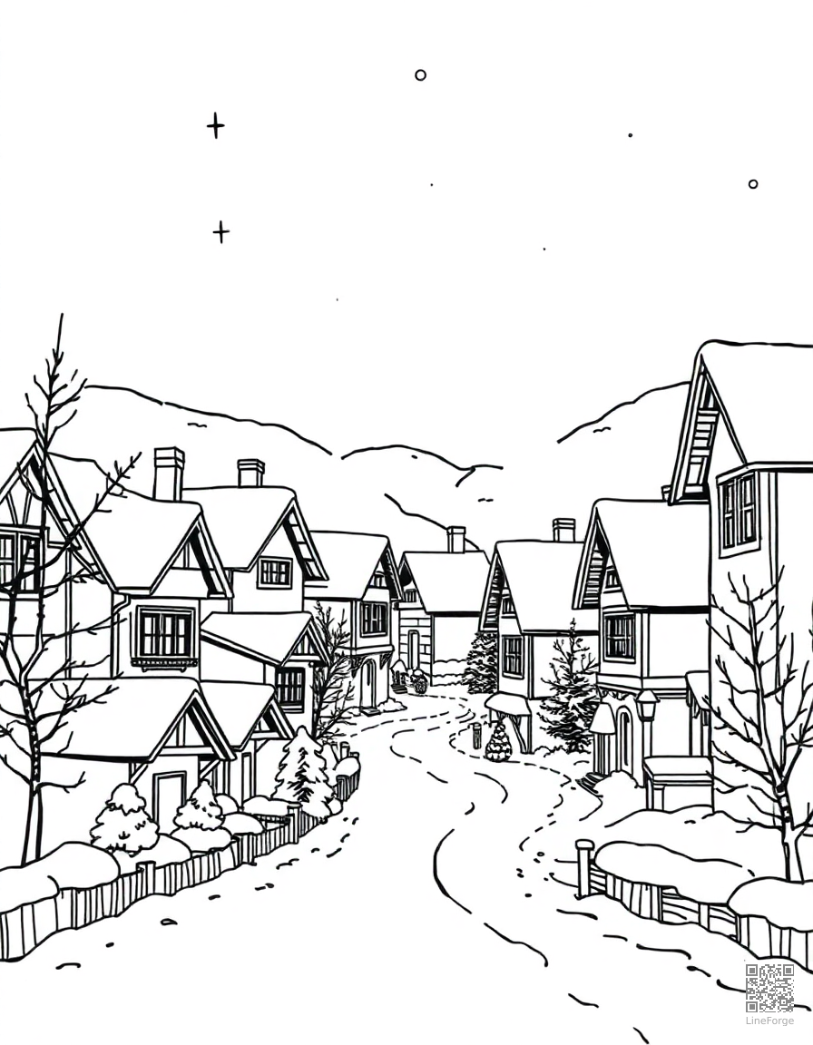 christmas village with snow-covered houses coloring page Manga style - free printable