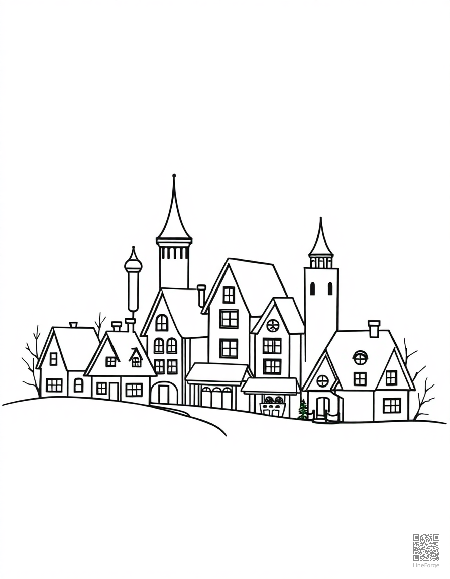 christmas village with snow-covered houses coloring page Minimal style - free printable