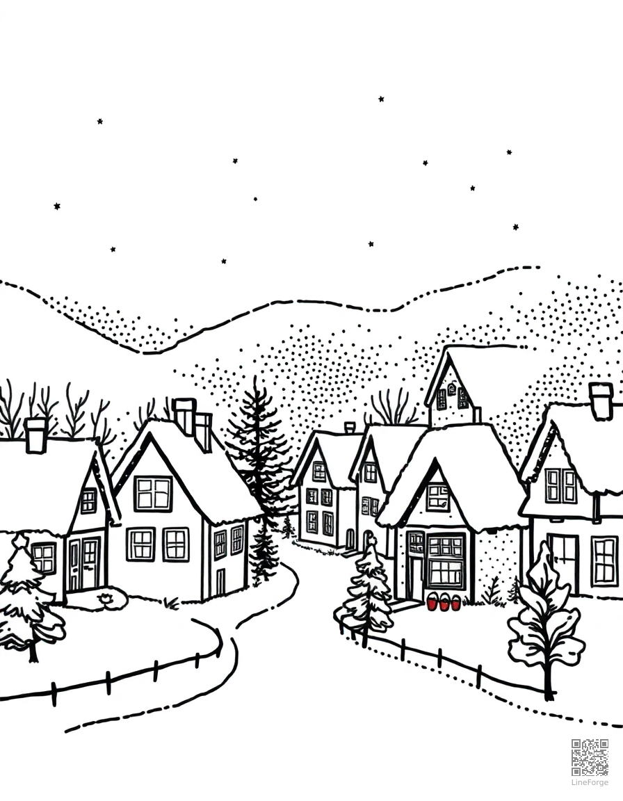 christmas village with snow-covered houses coloring page Stipple style - free printable