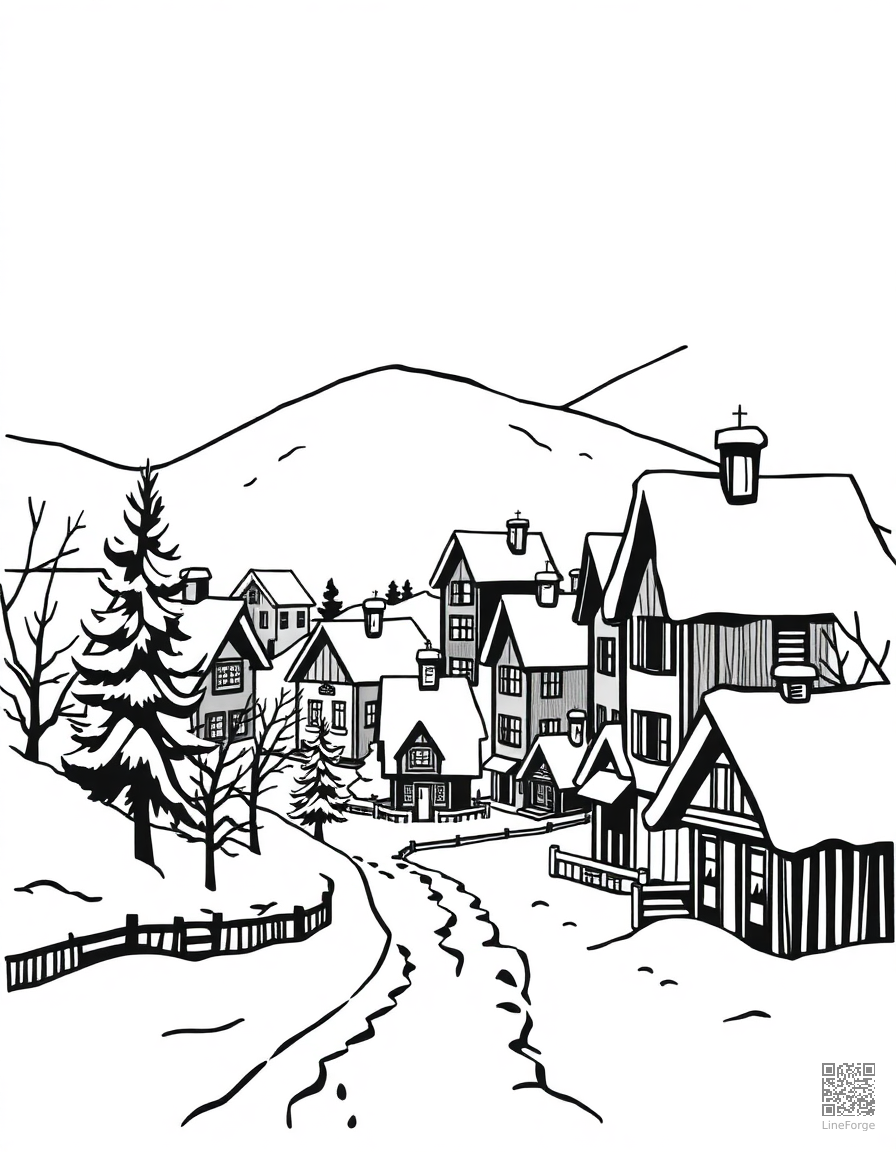 christmas village with snow-covered houses coloring page Woodcut style - free printable