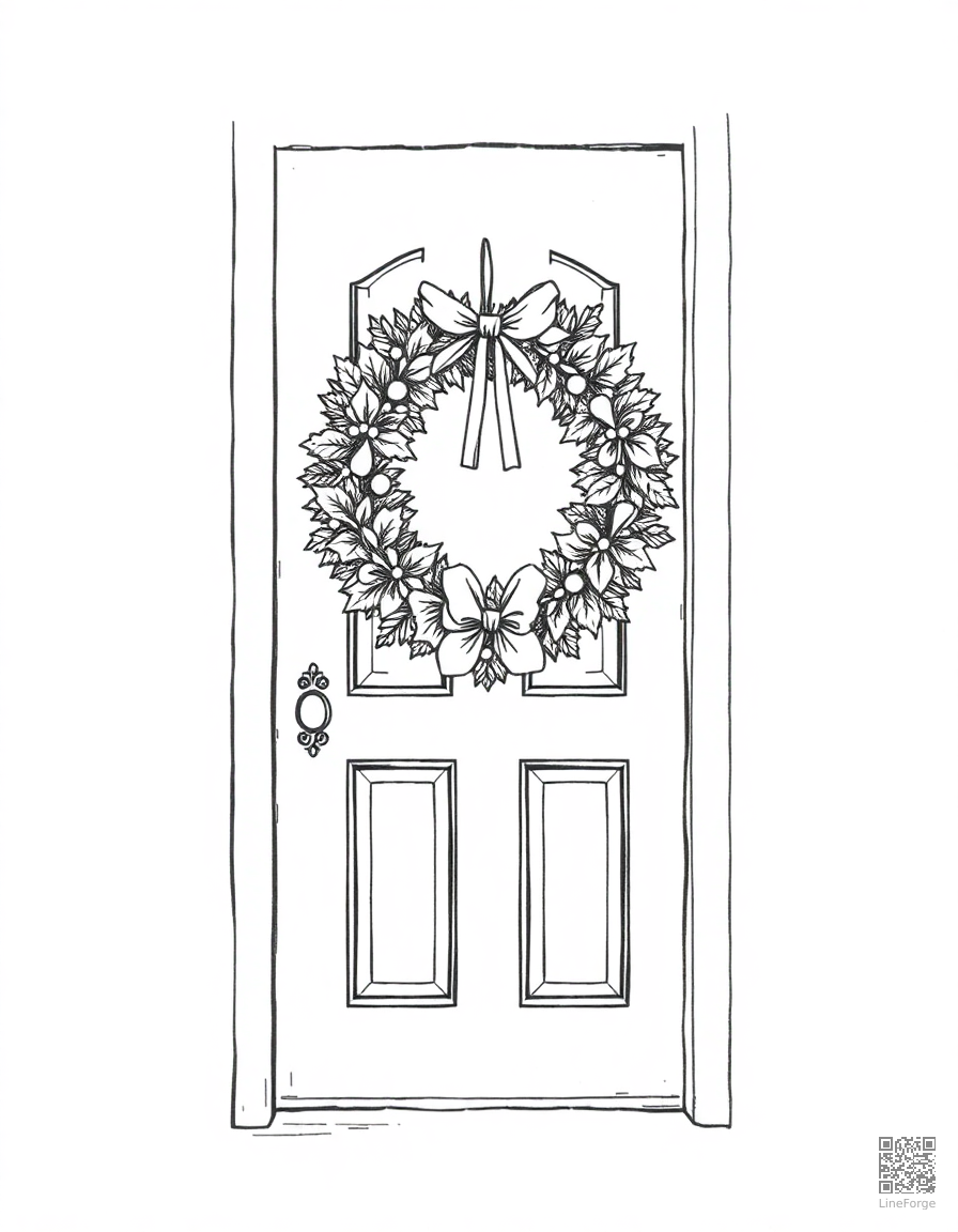 christmas wreath on a front door coloring page Crosshatch style - free printable