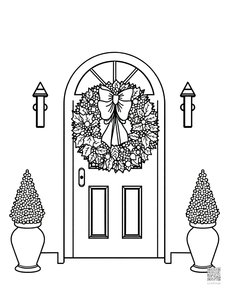 christmas wreath on a front door coloring page Stipple style - free printable