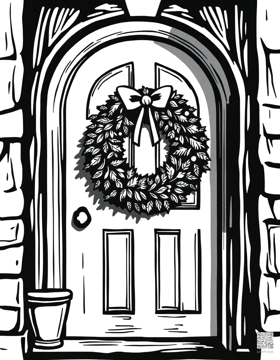 christmas wreath on a front door coloring page Woodcut style - free printable