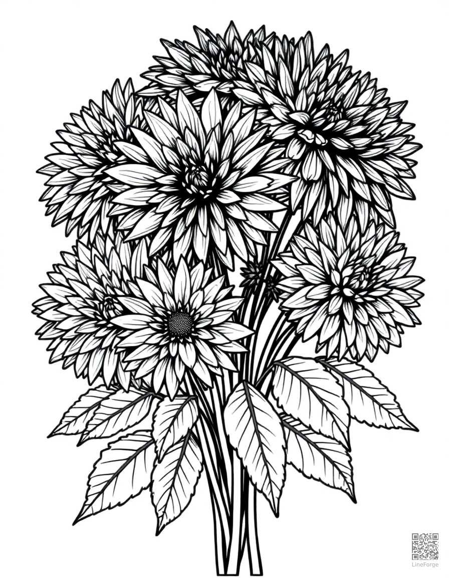 chrysanthemum arrangement in fall colors coloring page Crosshatch style - free printable