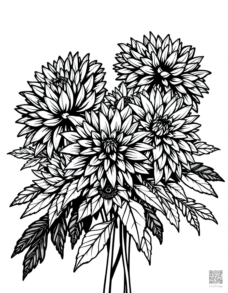 chrysanthemum arrangement in fall colors coloring page Woodcut style - free printable