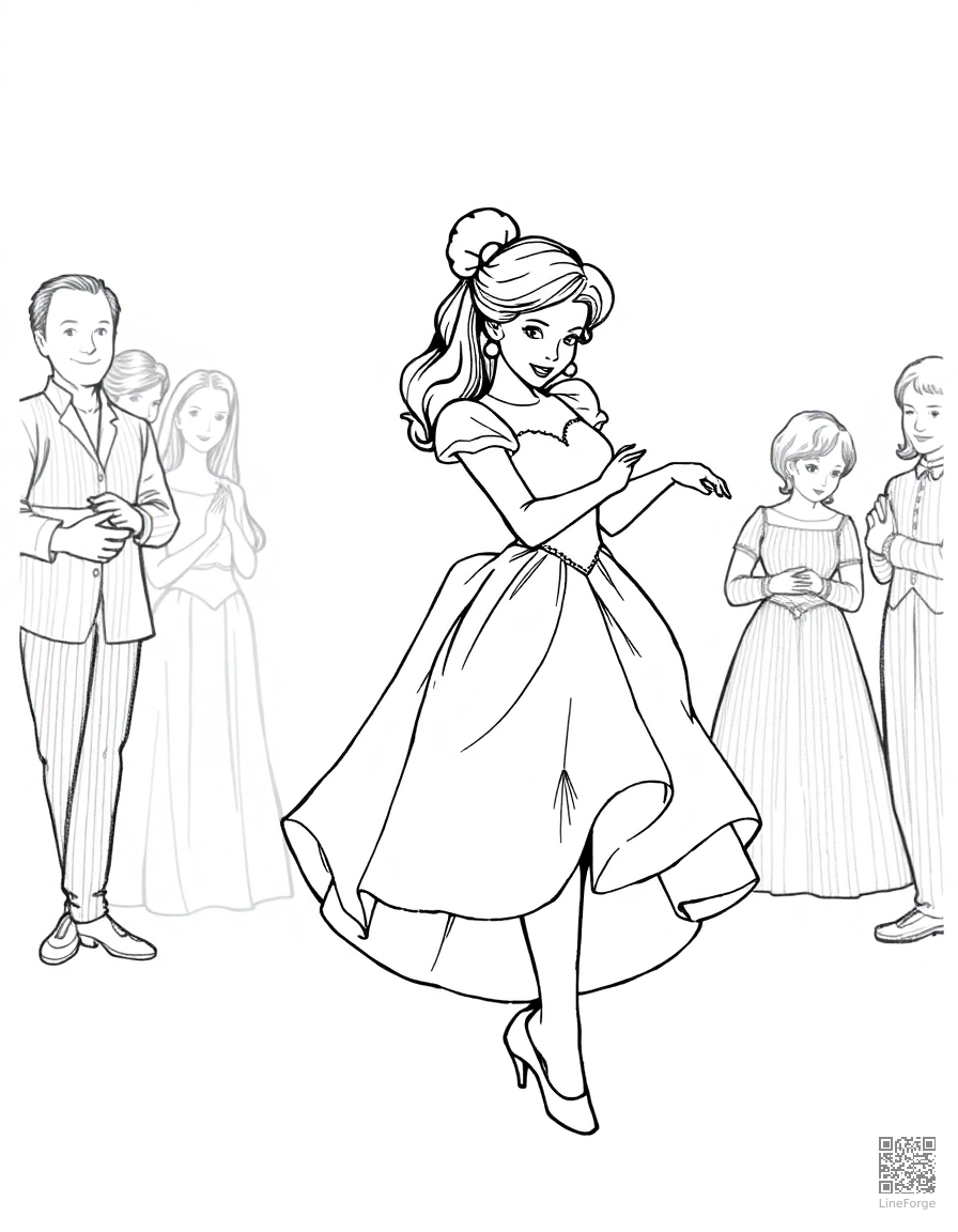 cinderella at the ball in her glass slippers coloring page Crosshatch style - free printable