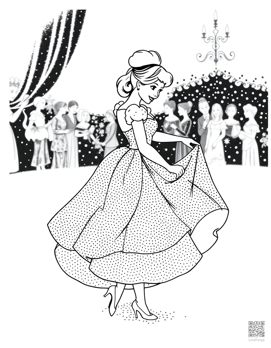 cinderella at the ball in her glass slippers coloring page Stipple style - free printable