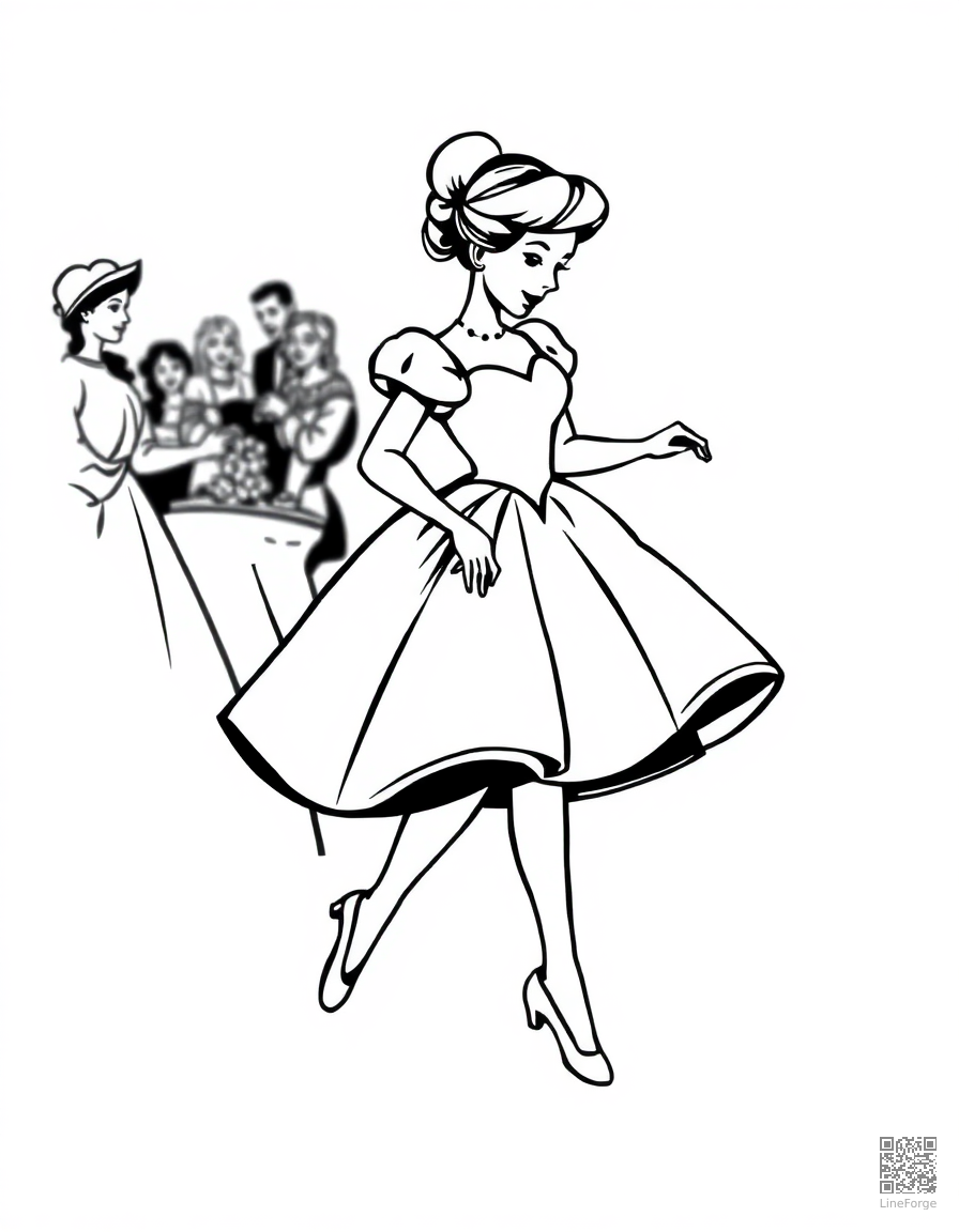 cinderella at the ball in her glass slippers coloring page Woodcut style - free printable