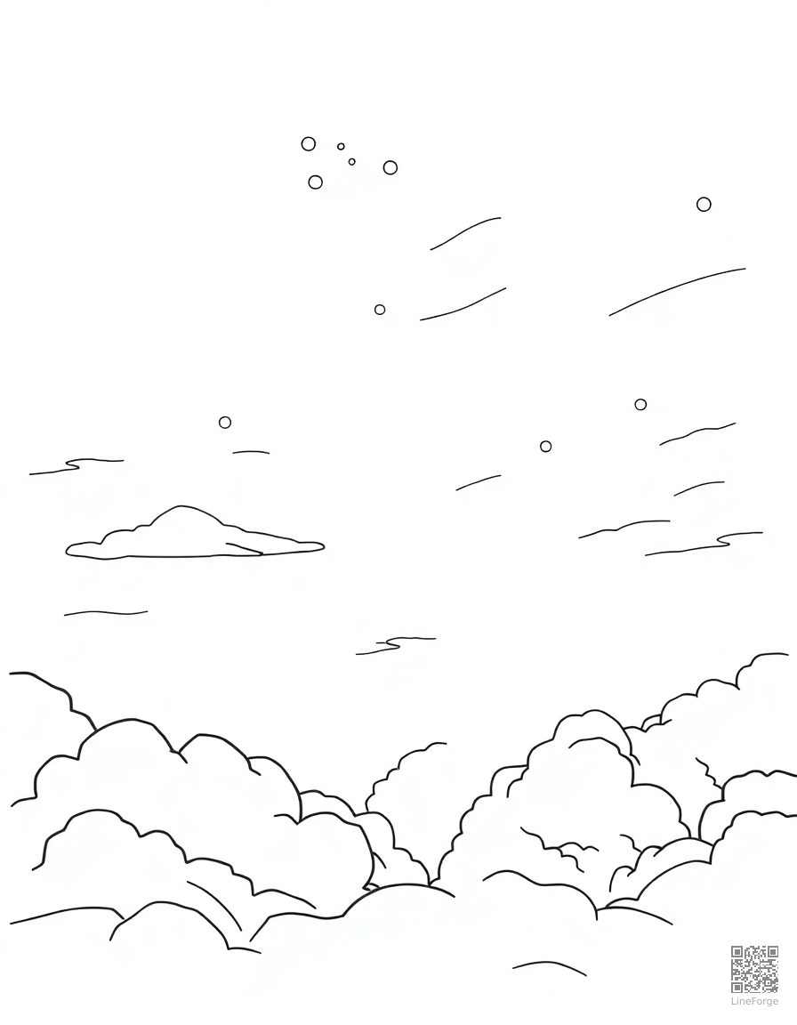 Free cloud watching scene with dreamy sky coloring page in contour style — printable line art