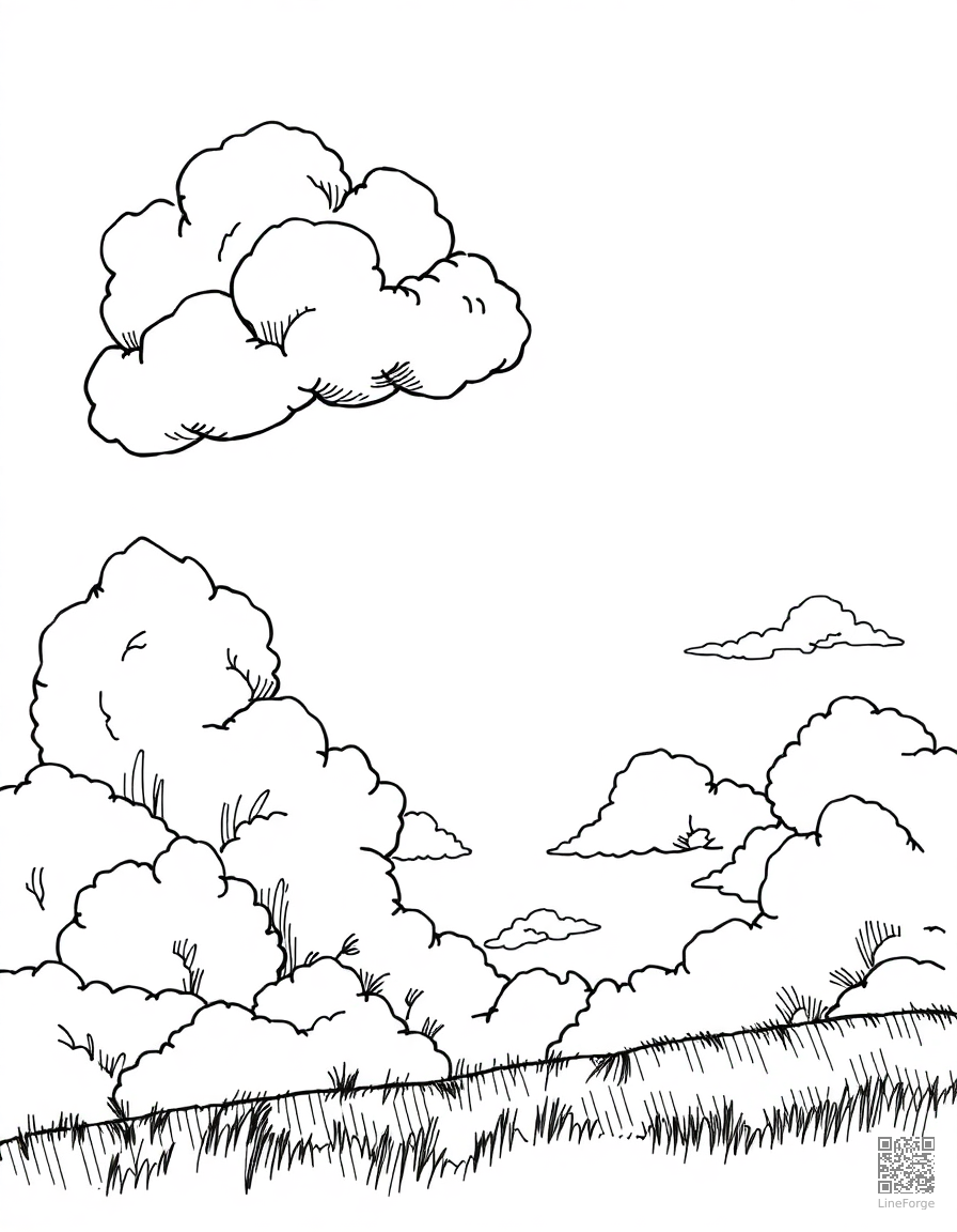 cloud watching scene with dreamy sky coloring page Crosshatch style free printable