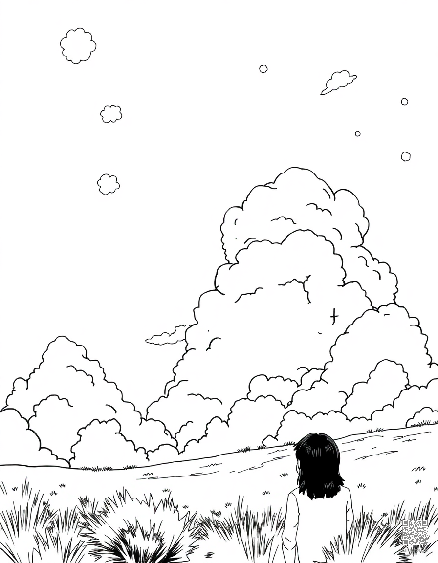 cloud watching scene with dreamy sky coloring page Manga style free printable