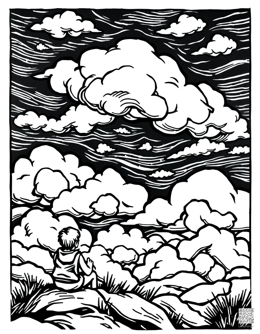 cloud watching scene with dreamy sky coloring page Woodcut style free printable