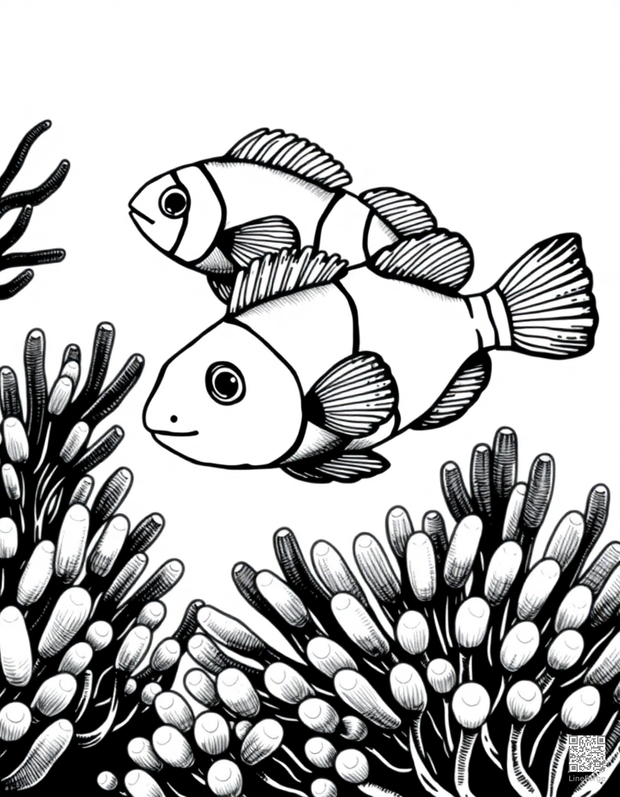 clownfish among sea anemones coloring page Crosshatch style - free printable