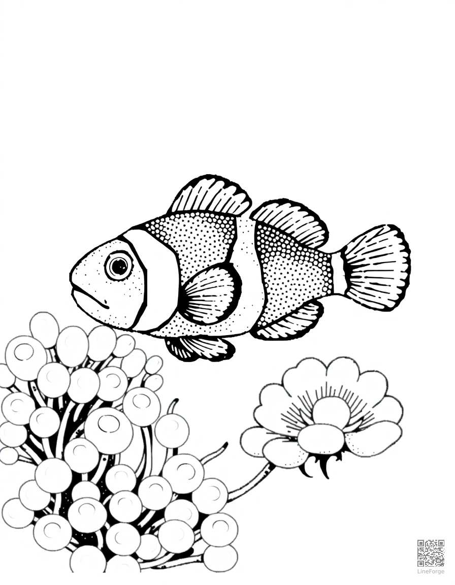 clownfish among sea anemones coloring page Stipple style - free printable