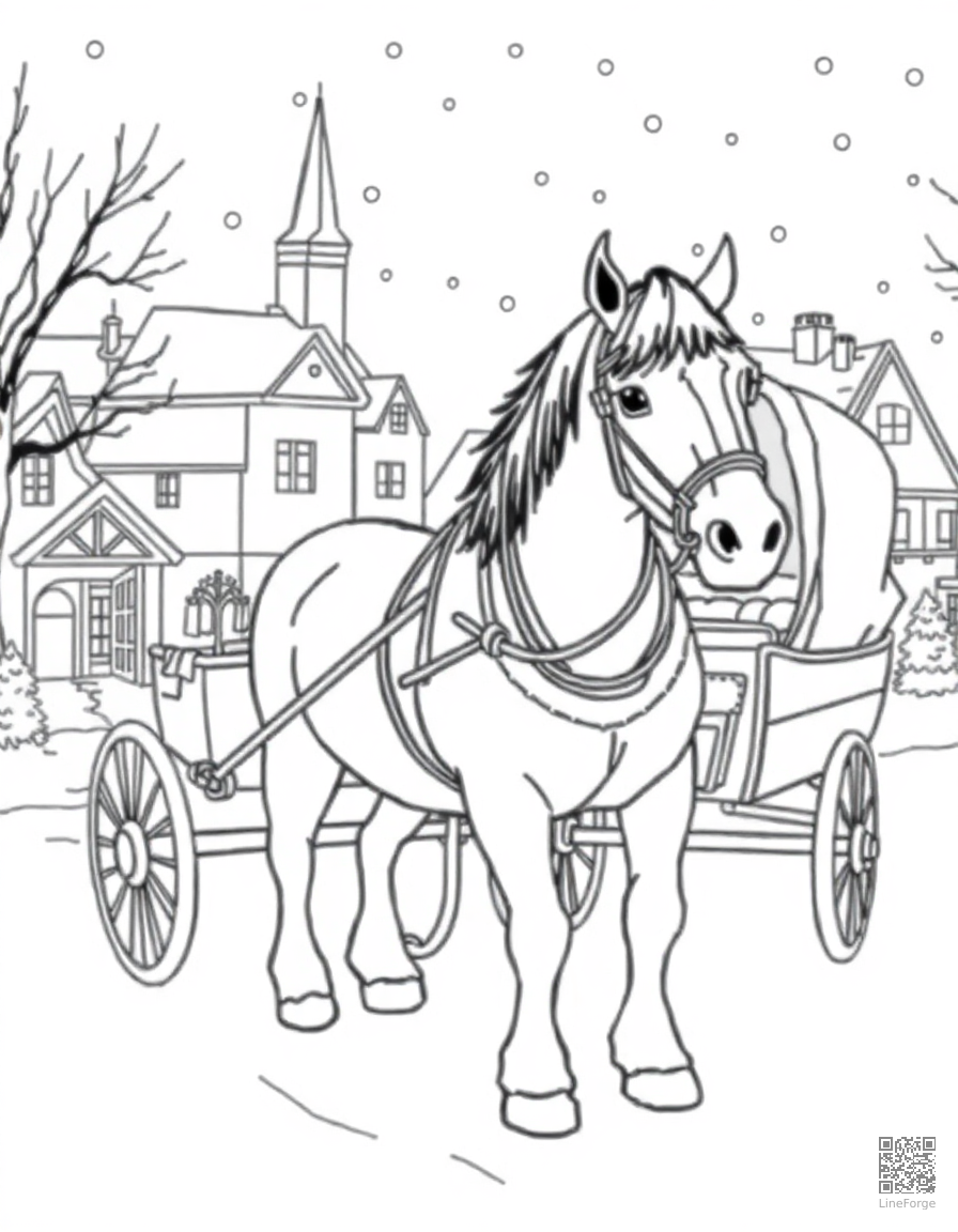 clydesdale horse pulling a cart through a snowy village coloring page Contour style - free printable