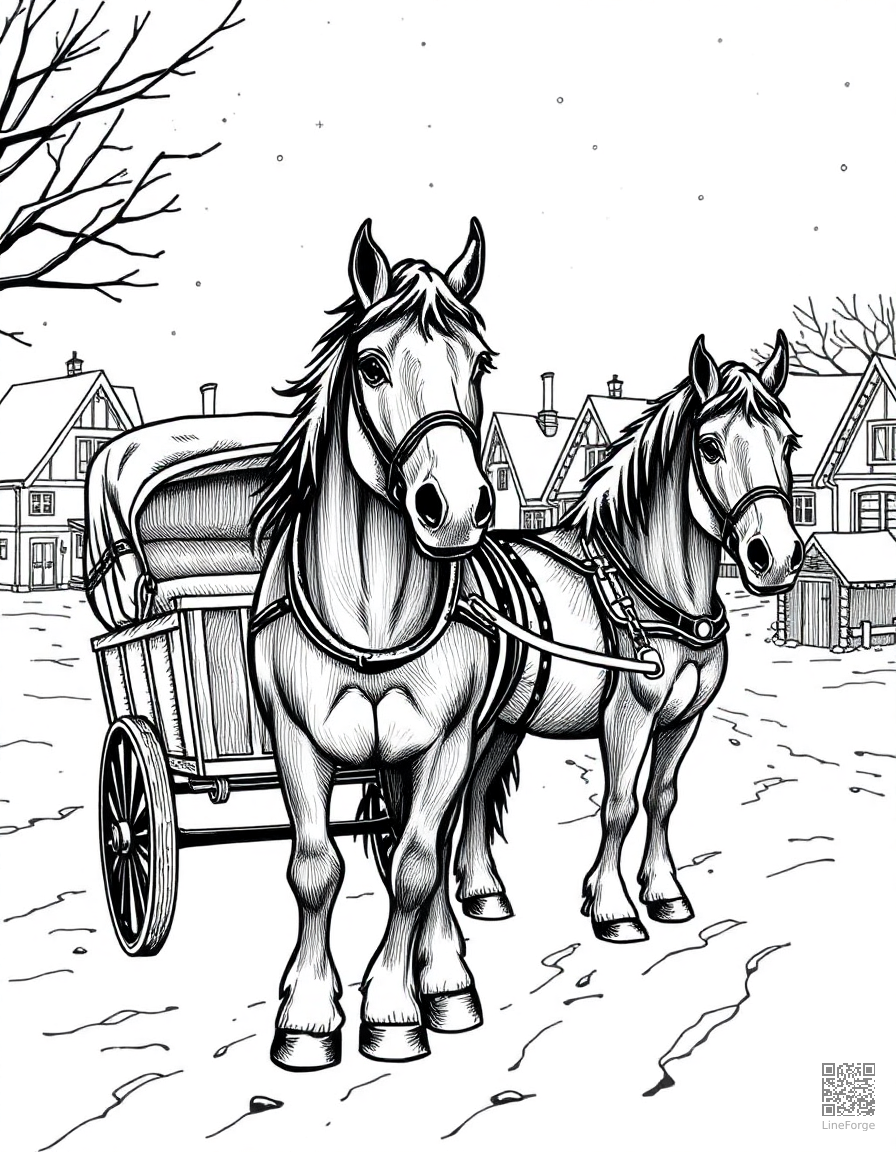 clydesdale horse pulling a cart through a snowy village coloring page Crosshatch style - free printable