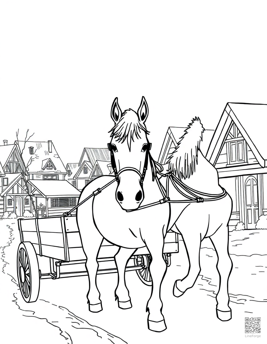 clydesdale horse pulling a cart through a snowy village coloring page Manga style - free printable