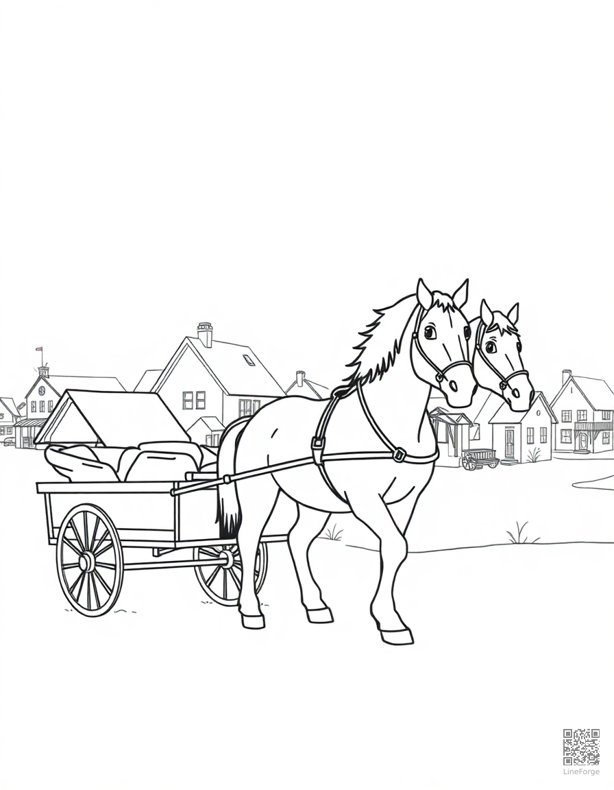clydesdale horse pulling a cart through a snowy village coloring page Minimal style - free printable