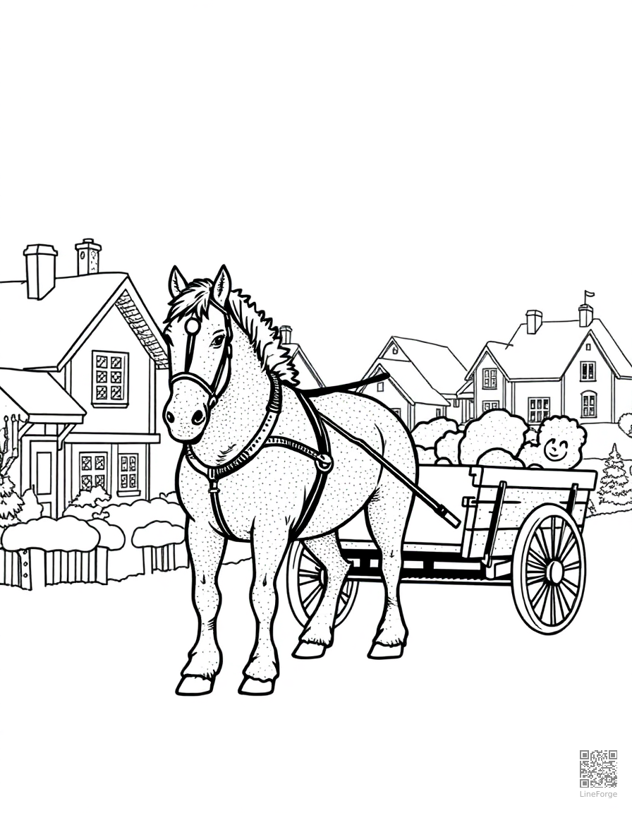 clydesdale horse pulling a cart through a snowy village coloring page Stipple style - free printable