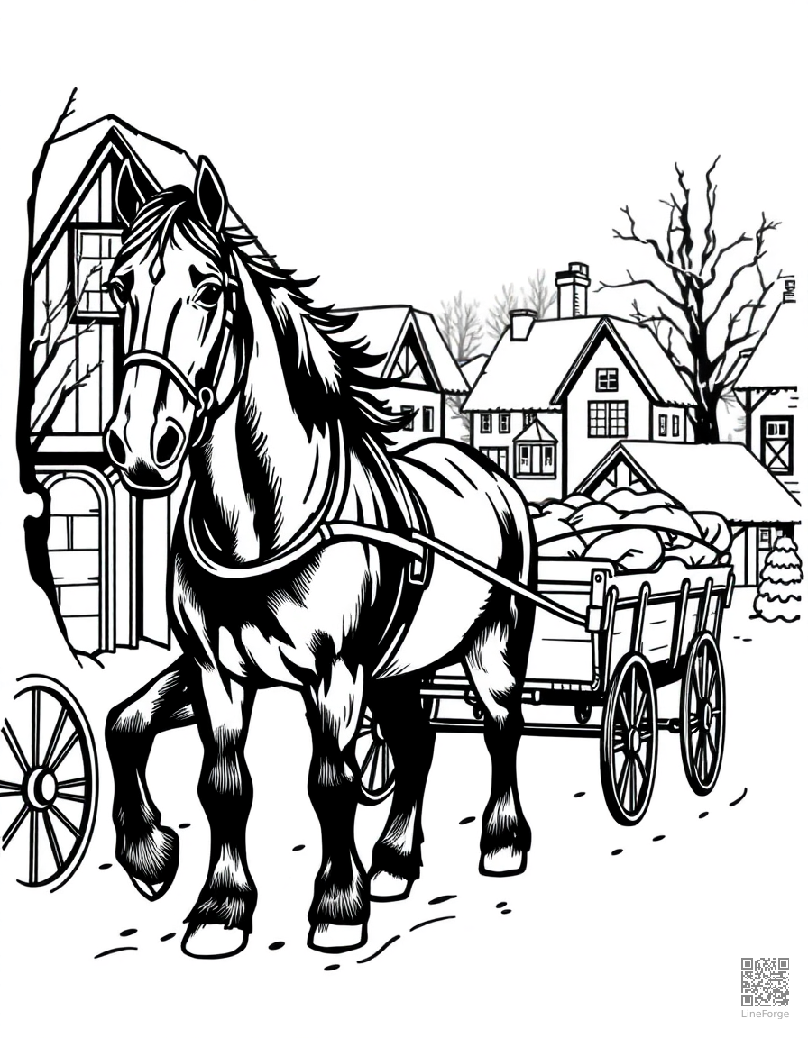 clydesdale horse pulling a cart through a snowy village coloring page Woodcut style - free printable