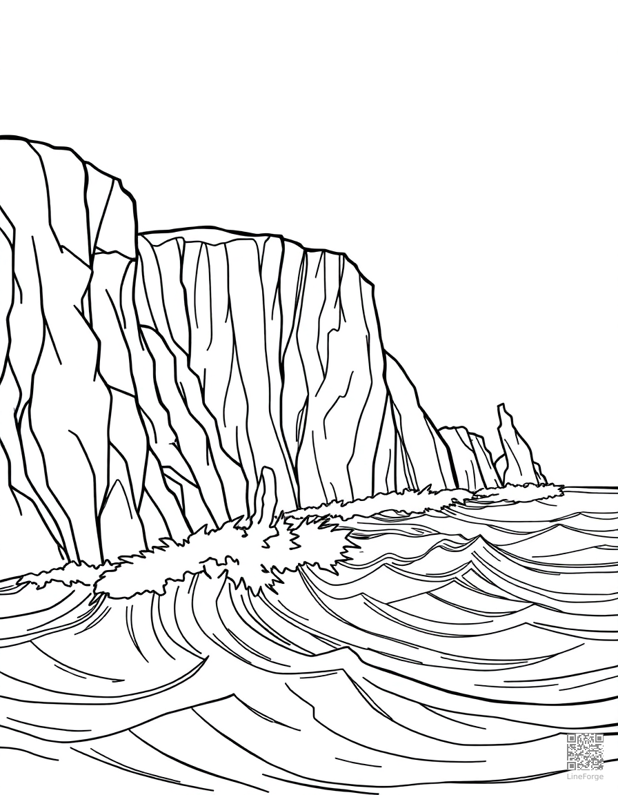 Free coastal cliffs with crashing waves below coloring page in contour style — printable line art
