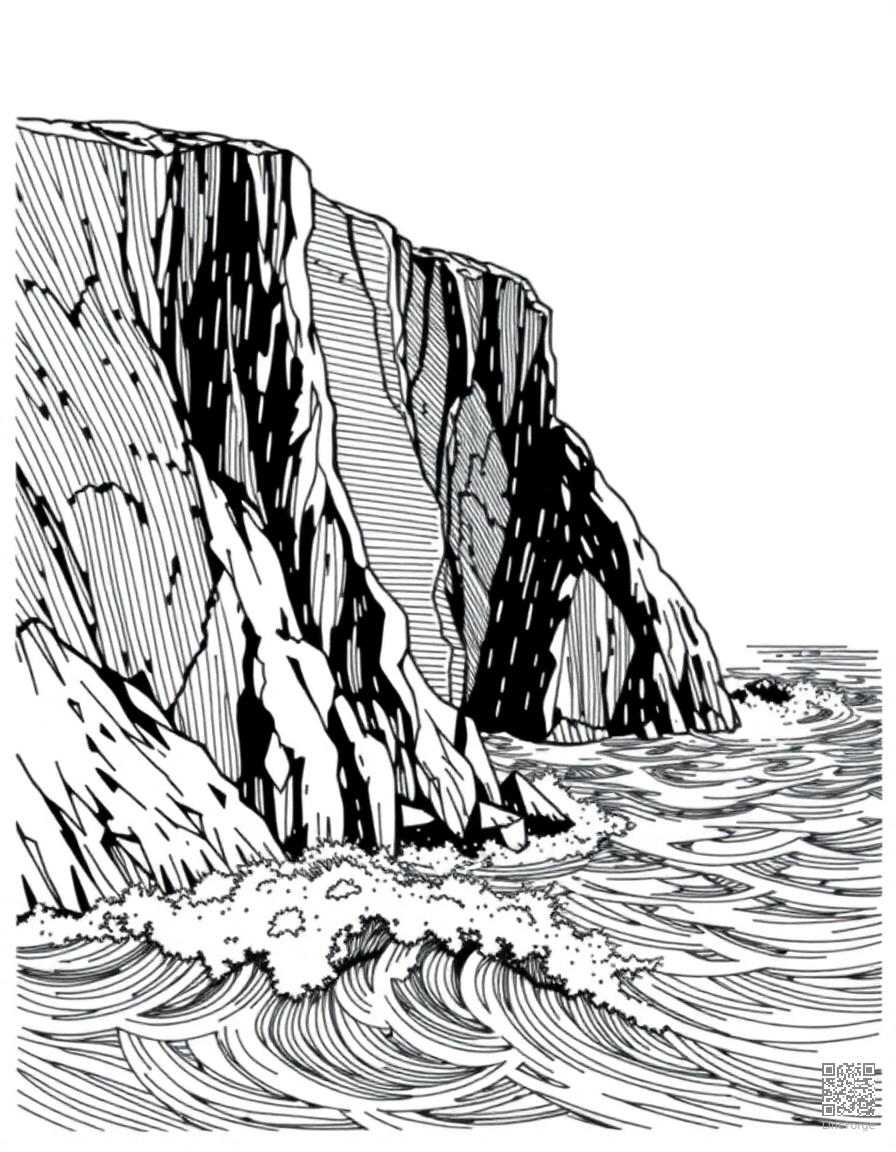 Free coastal cliffs with crashing waves below coloring page in crosshatch style — printable line art